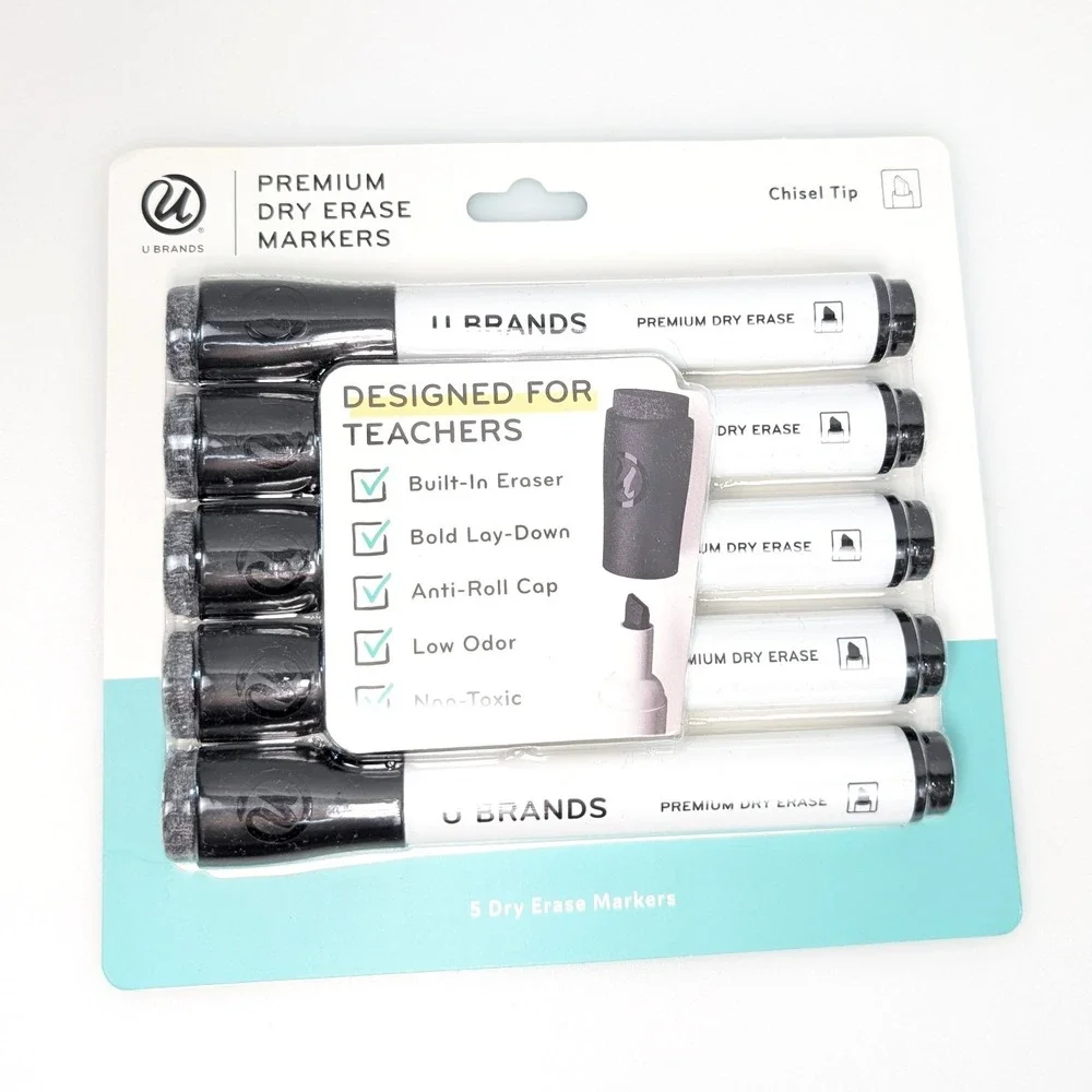 Set of 5 U Brands Chisel Tip Dry Erase Markers Whiteboard Low Odor Black Eraser